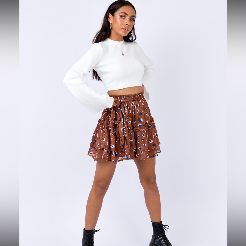 Princess Polly NEW worton ruffled mini skirt brown/blue women’s size 2